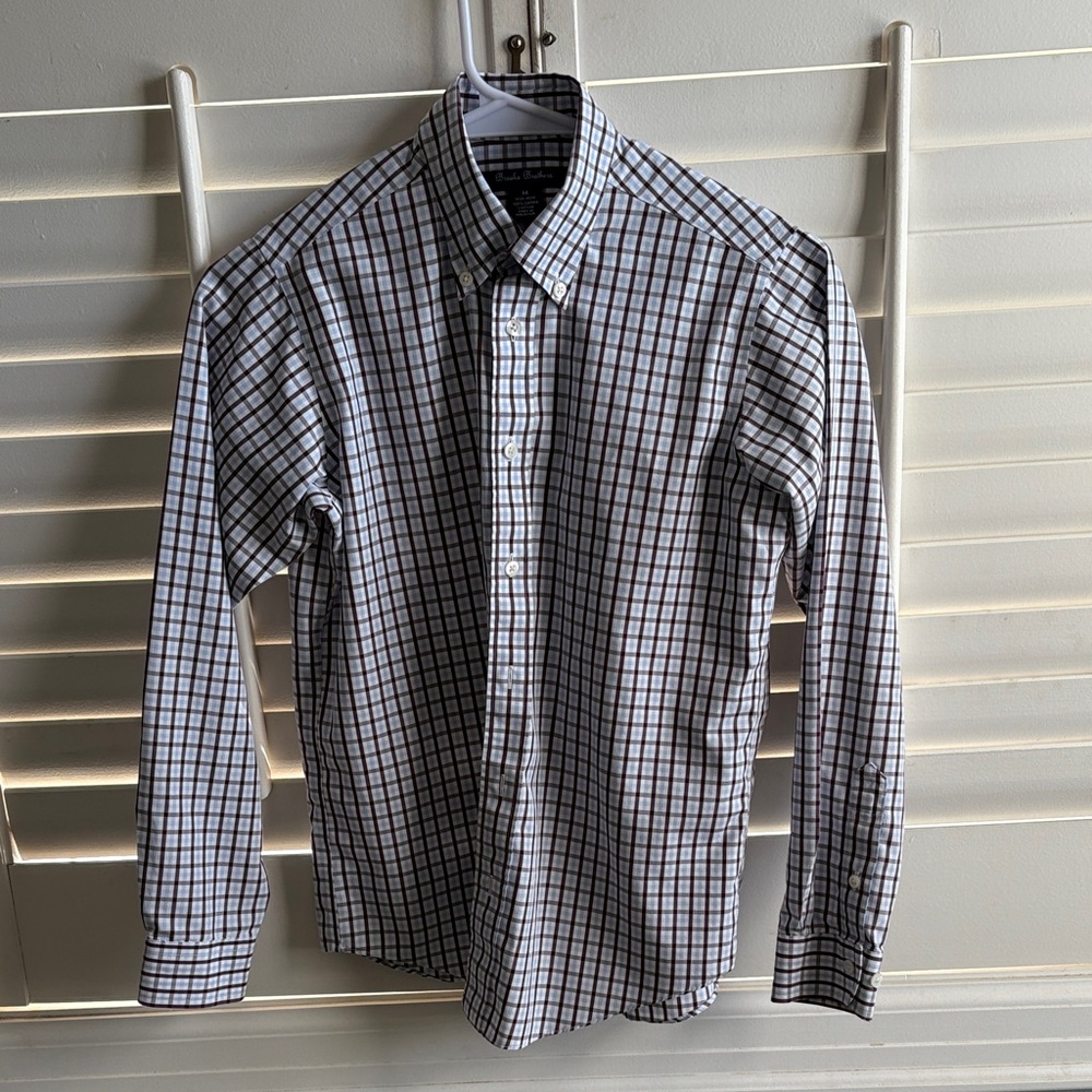 Boys non iron Shirt - brown, light blue and white